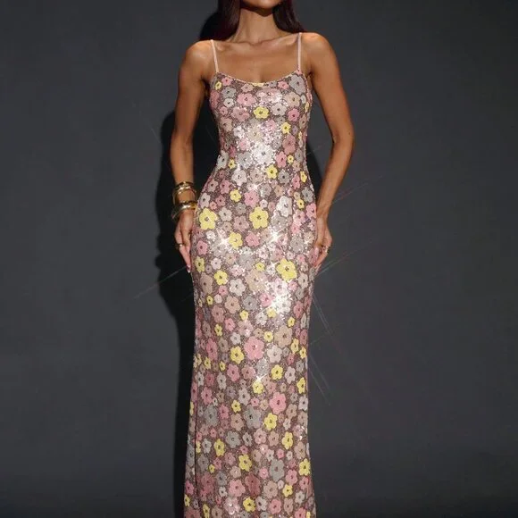 Multicolor Floral Women's Embroidered Elegant Long Dress - Picture 3 of 6